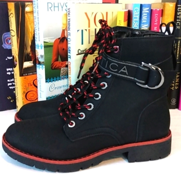 NAUTICA BLACK & RED LACE UP ANKLE BOOTS COMBAT MOTO BOOTS SIZE 5.5 NWOT - Picture 6 of 10